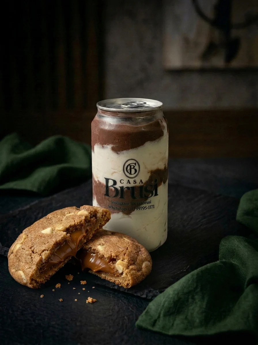 Cookie recheado e sobremesa de colher Casa Brusi sobre uma bancada escura, com tecido verde.